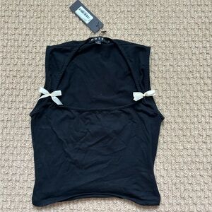 Motel Rocks Jiniso Crop Top in Black with Ivory Bows